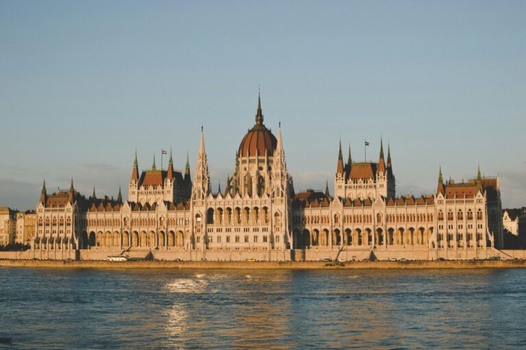 Stunning view of the Hungarian Parliament Building during sunset by the Danube River.