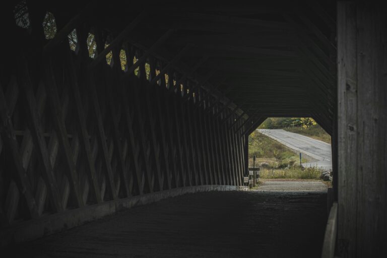 A dimly lit view through a wooden covered bridge with lush scenery.