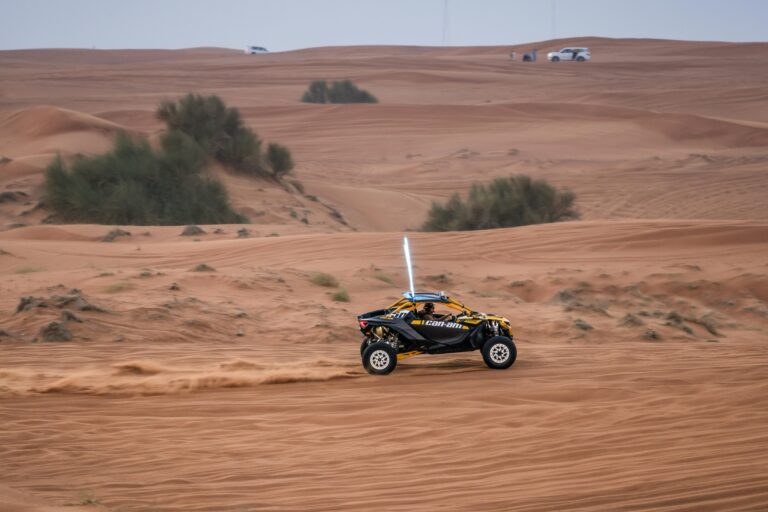 Exciting 4x4 vehicle speeds across the vast Sahara desert, capturing the essence of adventure.