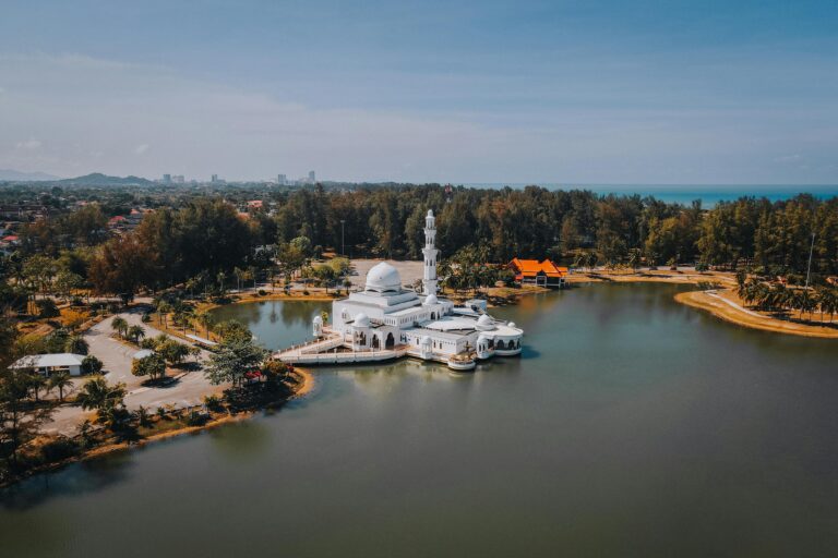 Aerial photography of the stunning floating mosque in Kuala Terengganu, Malaysia.