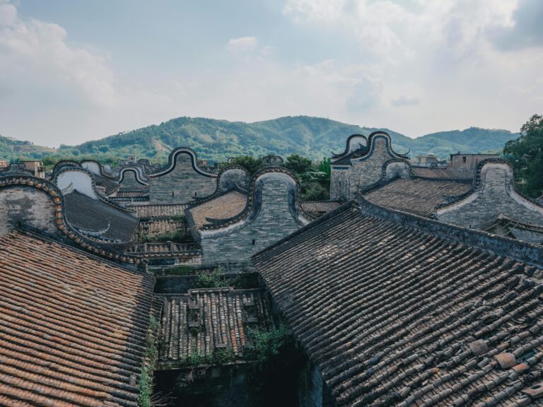 A scene of traditional Chinese architecture roofs against a lush mountainous background.