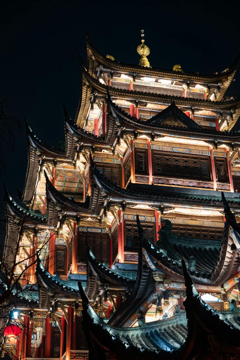 A beautifully lit traditional Chinese pavilion in Chongqing, China captured at night.