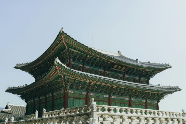 Stunning view of Gyeongbokgung Palace in Seoul, South Korea showcasing traditional Korean architecture.